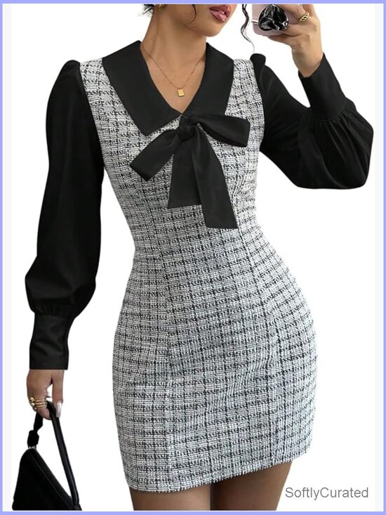 Dresses & Skirts - Elegant Plaid Tweed Dress Bow Front Lantern Long Sleeve 2 in 1 Mini
